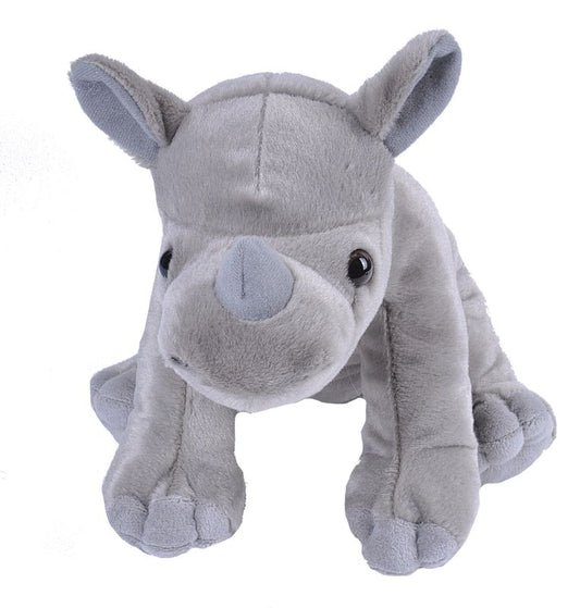 Plush grey rhino soft toy on a white background