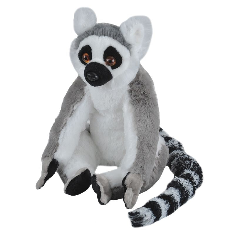 Plush toy lemur on a white background