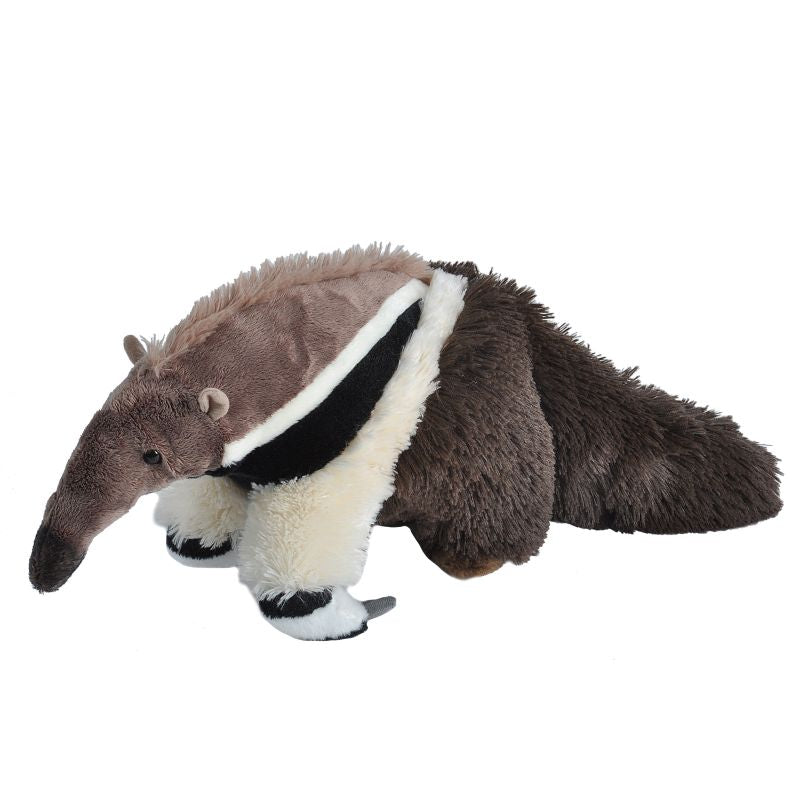 A plush toy anteater with brown, black, and white fur, shown on a plain white background.