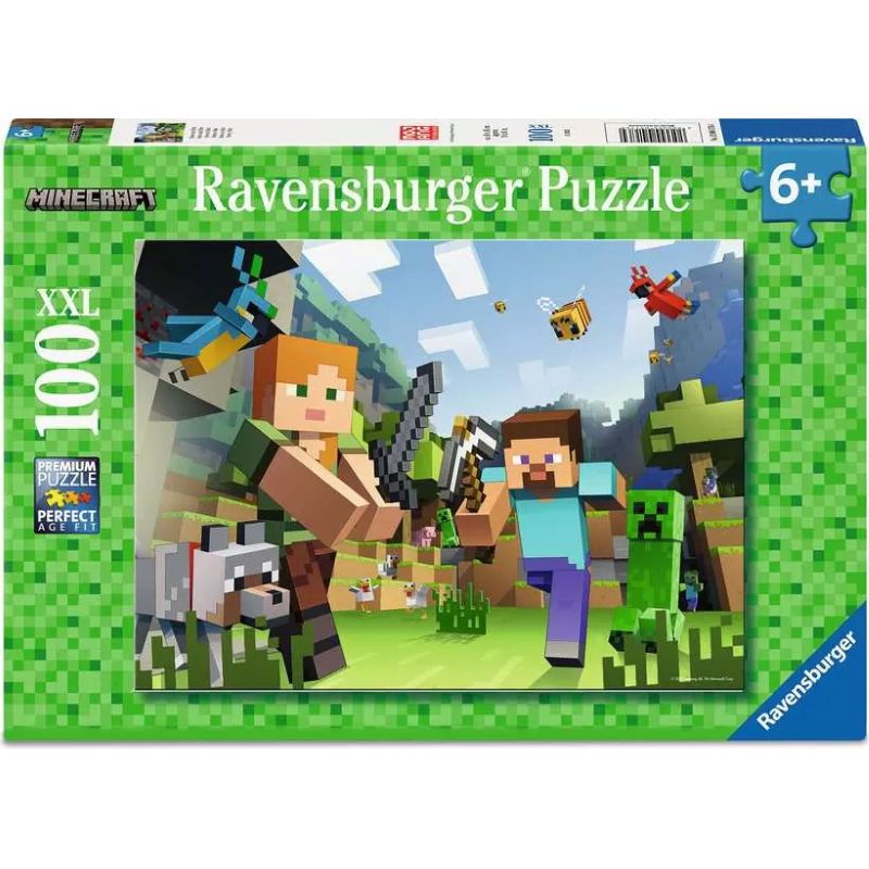 A Ravensburger jigsaw puzzle box featuring a scene from the Minecraft video game, with characters Alex and Steve, a Creeper, and a pet wolf on a plain biome background.