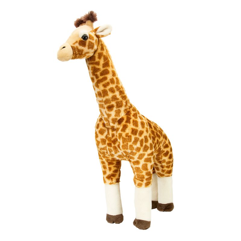A plush giraffe toy with a brown and tan spotted pattern, cream-colored legs and face, and small dark brown ossicones, photographed on a plain white background.