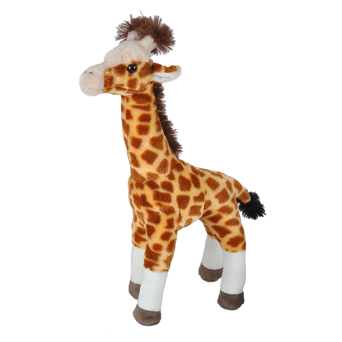 A plush giraffe toy with a brown and tan patterned body, white lower legs, and dark brown hooves, shown against a plain white background.