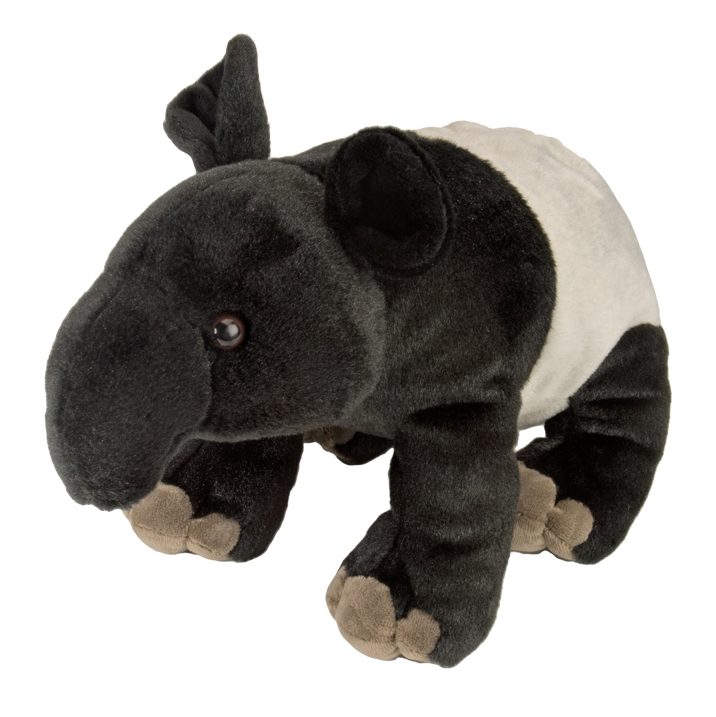 A plush toy of a black and white tapir with grey hooves, photographed against a solid white background.