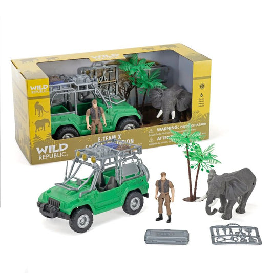Toy set with green safari vehicle, figures, and elephants in front of a Wild Republic packaging.