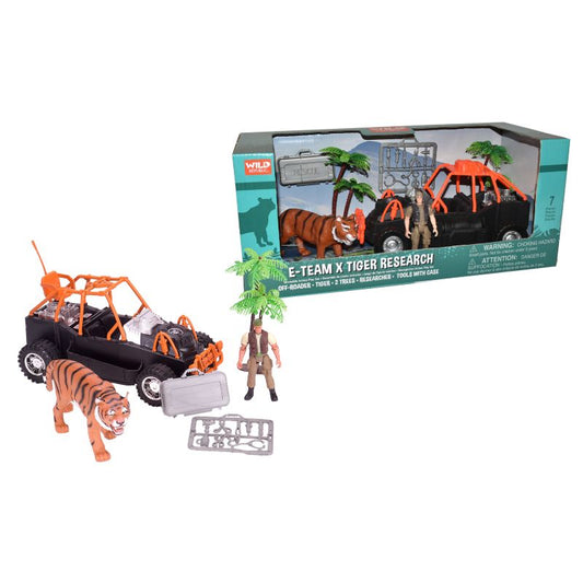 Wild Republic e-team X Tiger Research toy set, featuring a black and orange safari vehicle, tiger figurines, a researcher figure, and a retail box on a white background.