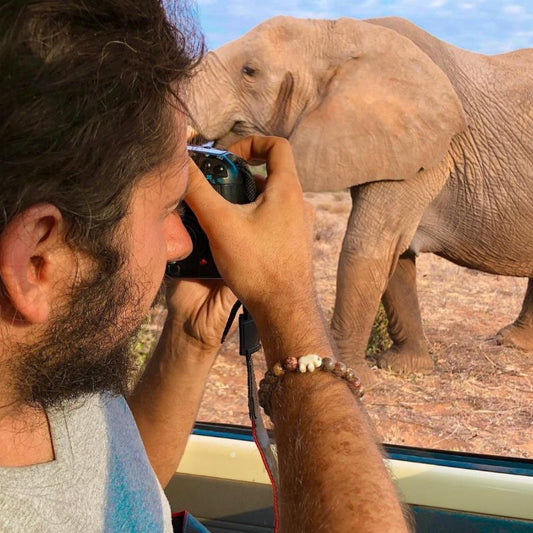 Man taking a photo of an elephant from a vehicle with a brown beaded fahlo bracelet with an elephant charm