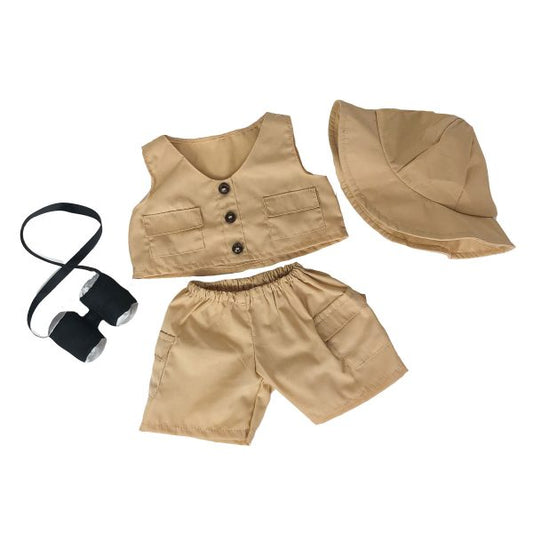 Beige vest, shorts, hat, and binoculars on a white background