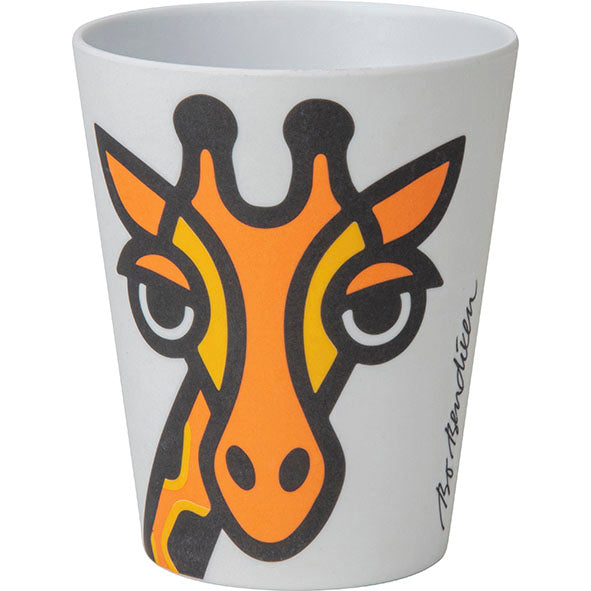 White cup with a colorful giraffe design on a white background
