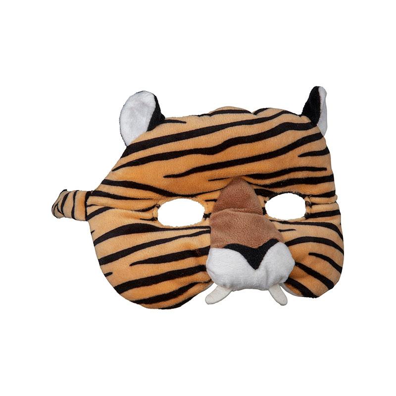 A soft toy face mask designed with a tiger print, featuring eye holes, ears and a nose, intended for children's wear.