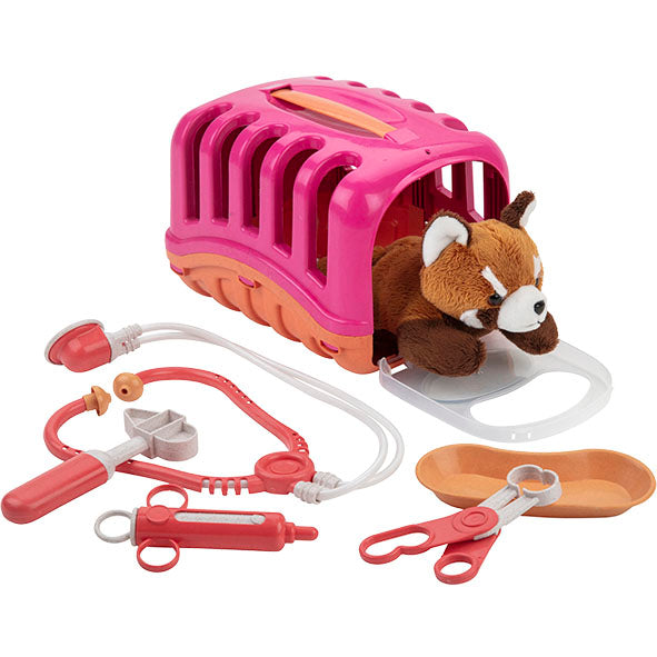 A kids' medical playset featuring a red panda plush toy with a pink and orange playset, and vet equipment such as a stethoscope and syringe.