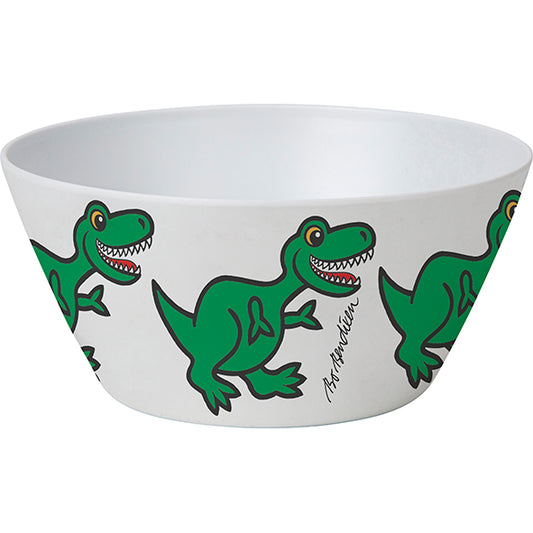 White bowl with green dinosaur illustrations on a white background