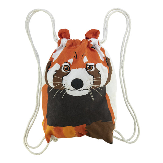 Drawstring bag with a red panda design on a white background