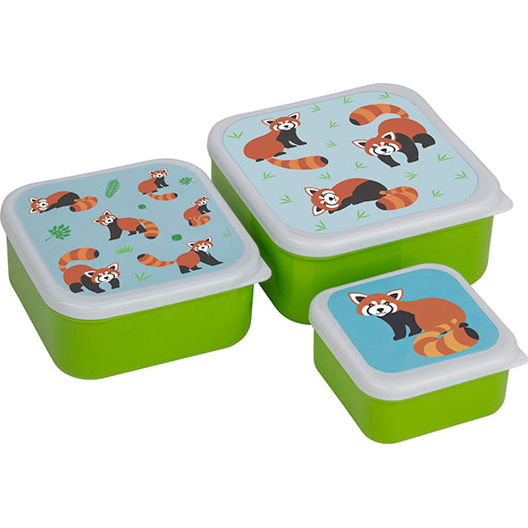 A set of three green lunch boxes with lids, each featuring a red panda design.