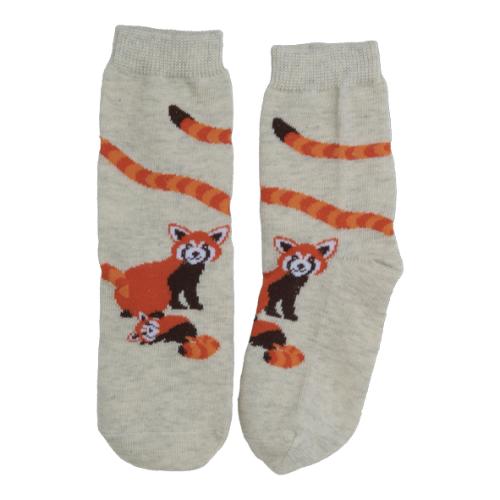 A pair of kids' socks with red panda designs on a white background.