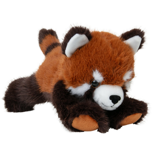 Laying plush toy red panda on a white background
