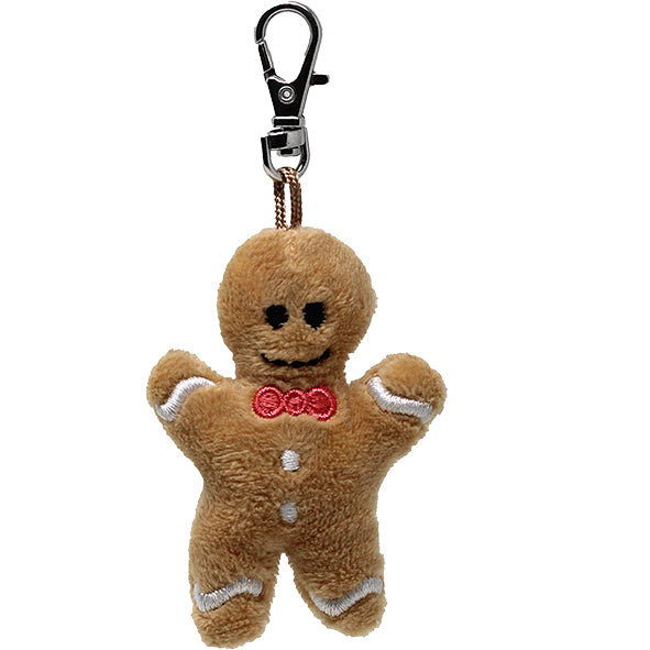Plush gingerbread man keychain with a clip on a white background
