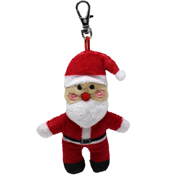 Plush Santa Claus keychain with a clip on a white background