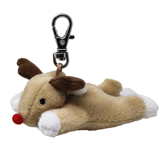 Plush reindeer keychain with a clip on a white background