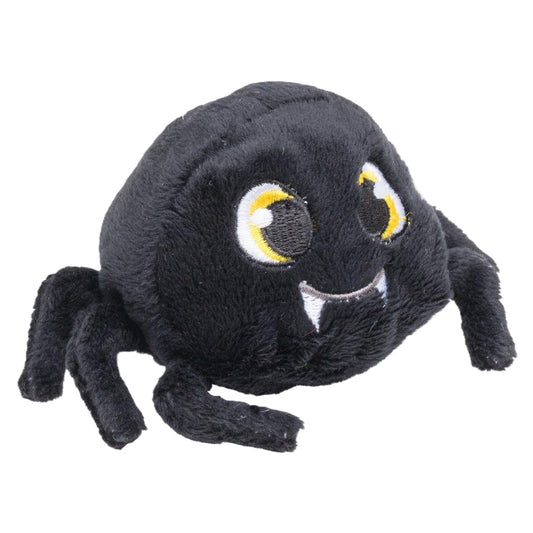Black spider halloween plush toy with yellow eyes on a white background