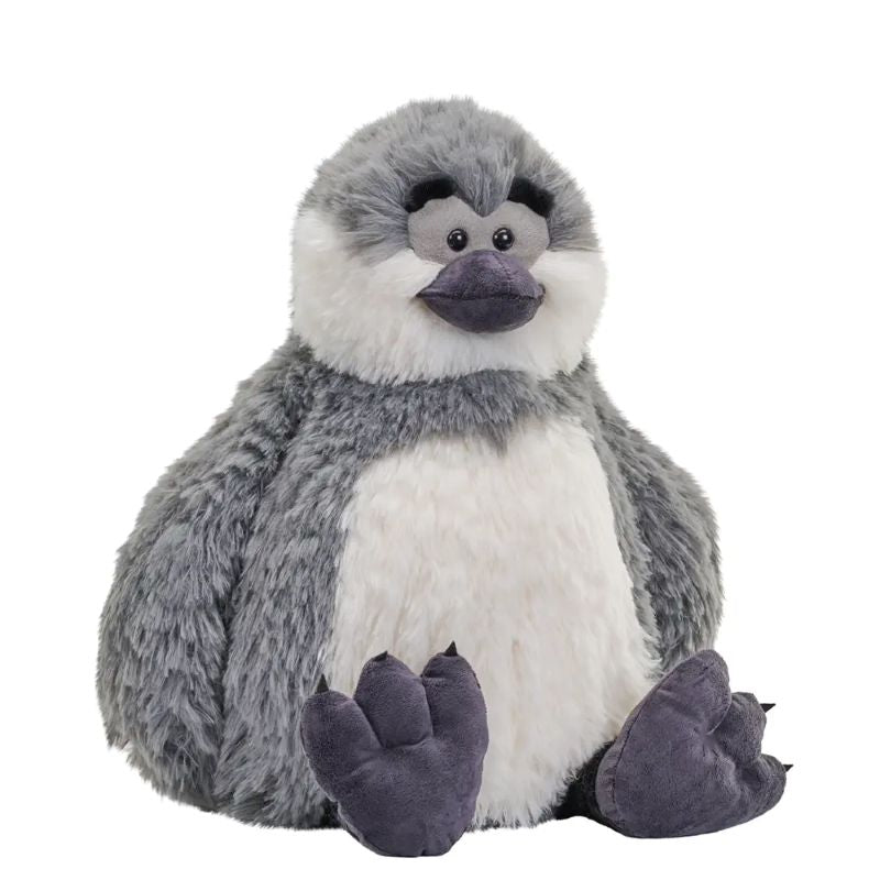Snuggleluv plush penguin sensory toy with grey and white fur on a white background