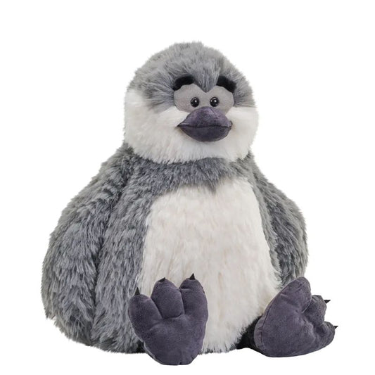 Snuggleluv plush penguin sensory toy with grey and white fur on a white background