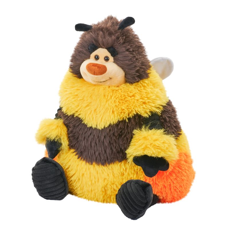 Plush toy resembling a bee with brown, yellow, and black colors on a white background