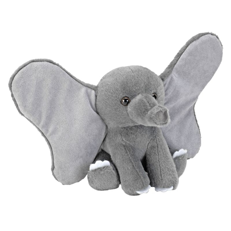 A grey plush elephant soft toy with large ears, designed as a sensory toy.