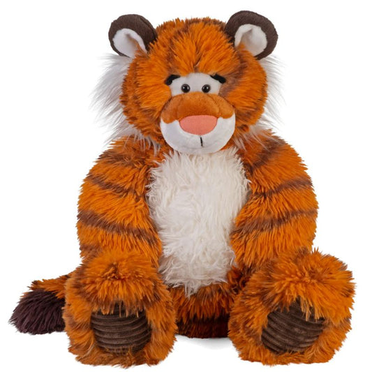 Snuggleluv plush tiger sensory toy with orange fur and white chest on a white background