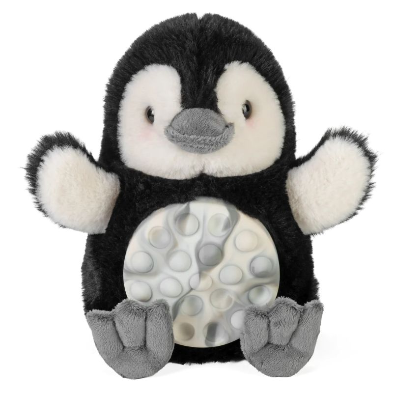 Plush penguin sensory toy with a pop belly on a white background