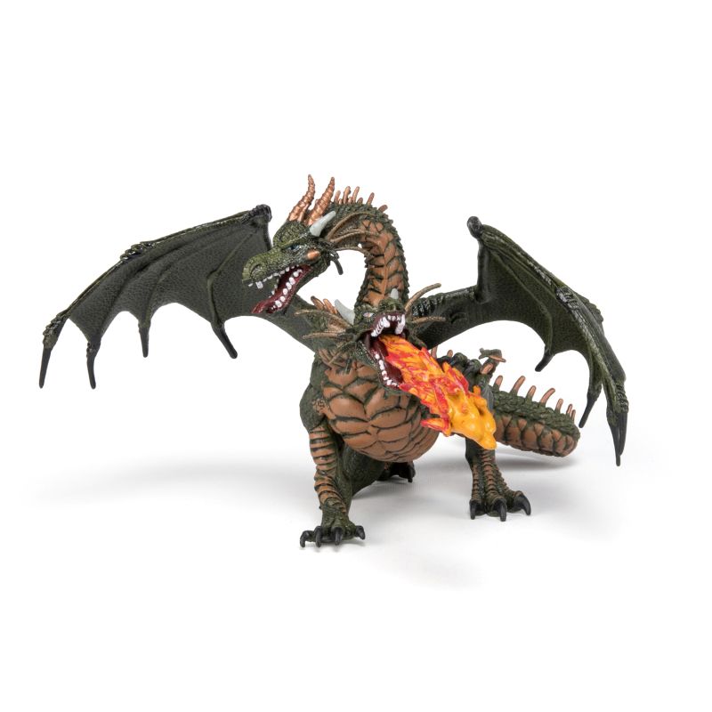 A toy figurine of a double-headed dragon with black wings and a fiery tail one head breathing fire.