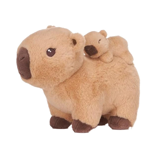 Cream plush toy of a capybara with a small cream baby on its back against a white background