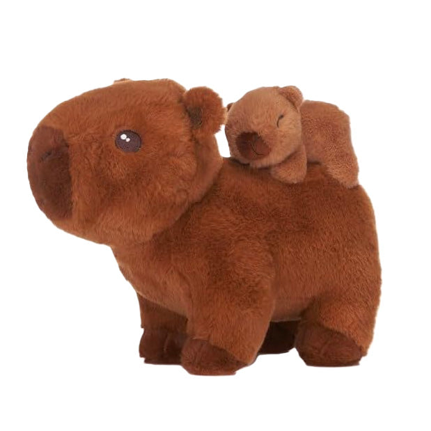 Brown plush toy of a capybara with a small brown baby on its back against a white background