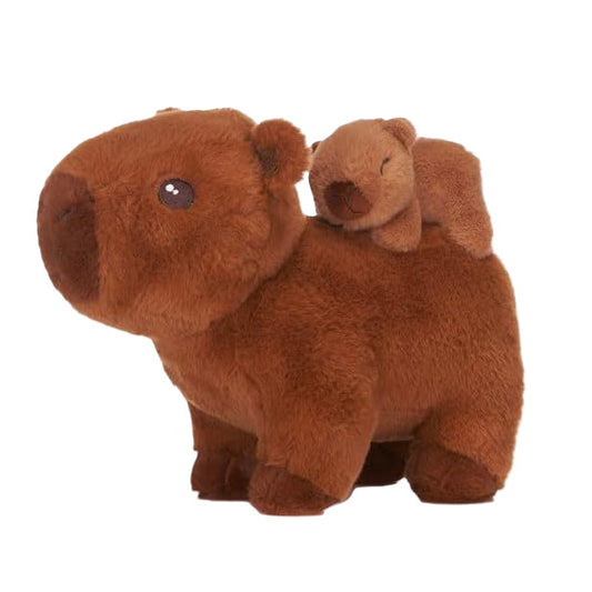 Brown plush toy of a capybara with a small brown baby on its back against a white background