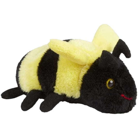 Plush bee toy with black and yellow stripes on a white background