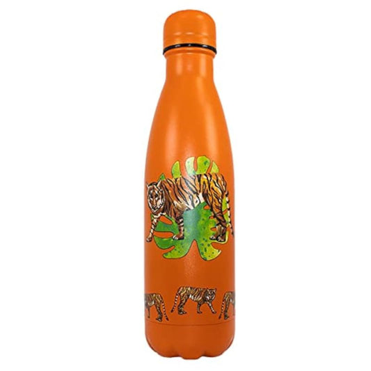 Orange water bottle with tiger design on a white background