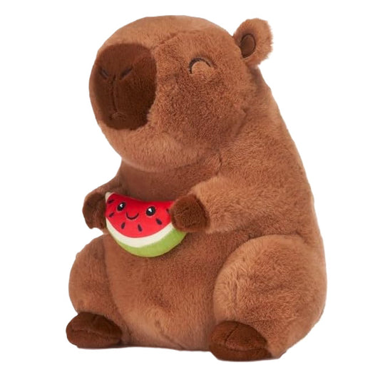 Brown plush toy of a capybara holidng a slice of watermelon against a white background