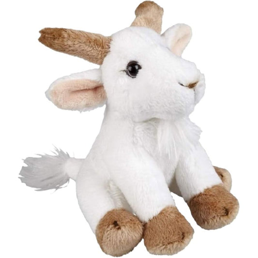 Plush toy goat with white body and brown legs and horns on a white background