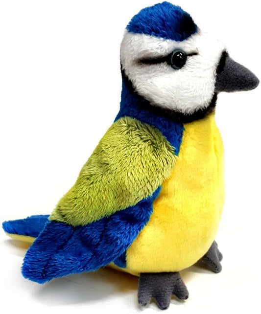 Plush toy of a blue bird with blue and yellow on a white background