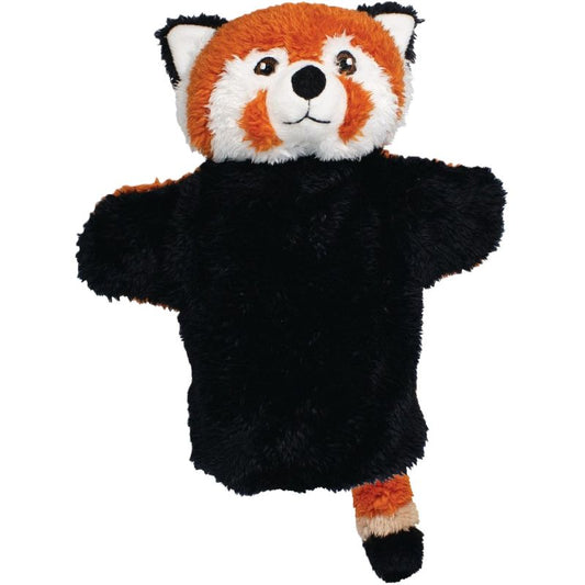 Plush toy red panda hand puppet with black orange and white fur on a white background