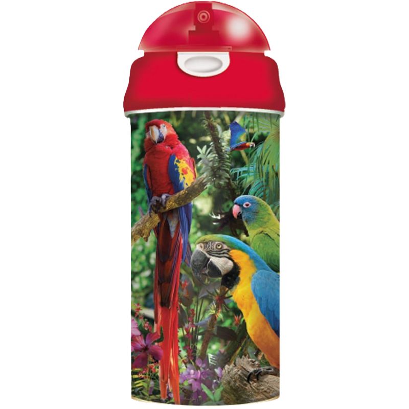 Drinking bottle with parrot design and red handle on a white background