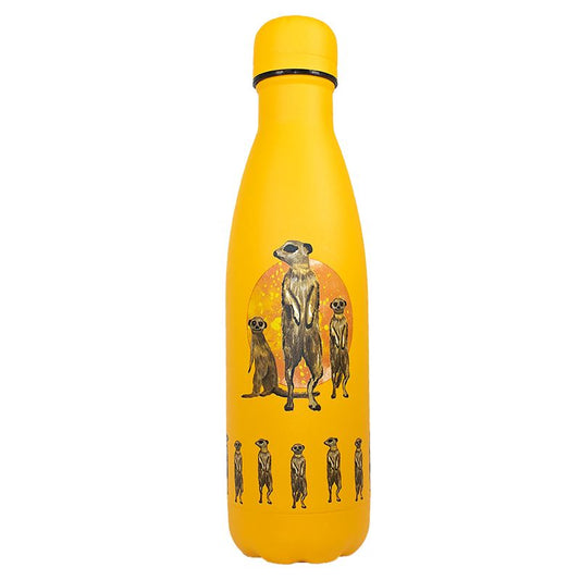Yellow water bottle with meerkat design on a white background