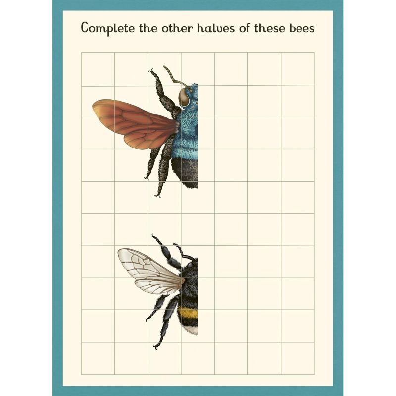 A vintage-style educational puzzle card titled 'Complete the other halves of these bees' featuring two partially shown bees on a grid with a teal border.