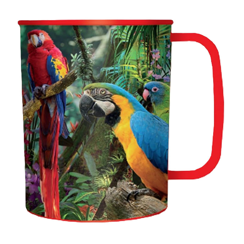 Mug with parrot design and red handle on a white background