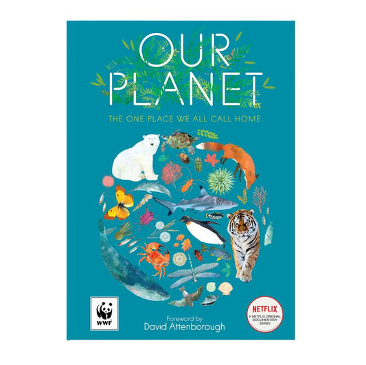 Book cover of 'Our Planet' with illustrations of animals and text on a blue background