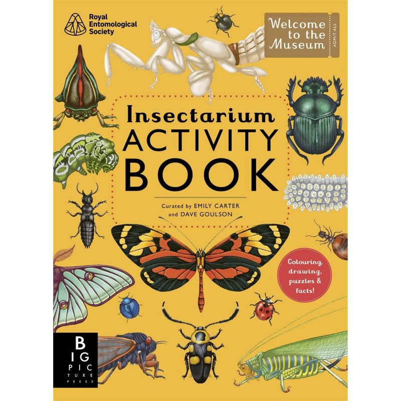 Insectarium Activity Book cover with illustrations of insects on a yellow background