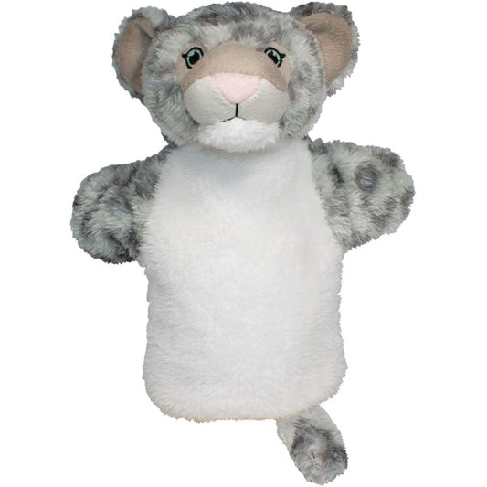 Plush hand puppet toy resembling snow leopard with grey and white plush  on a white background