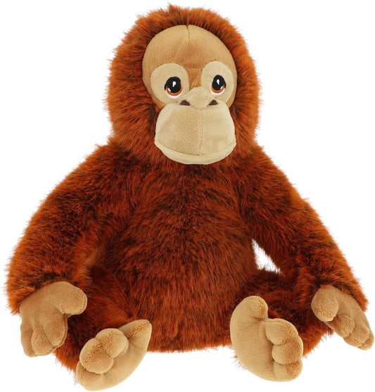 Plush orangutan toy with brown orange fur on a white background