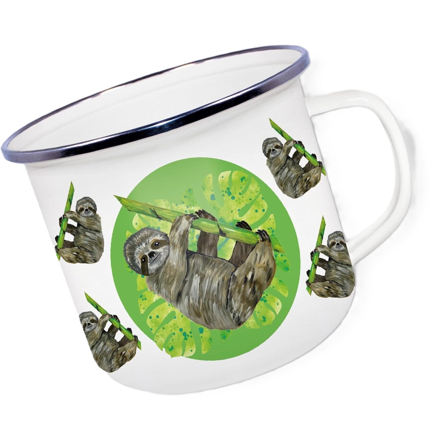 Enamel mug with sloth design on a white background