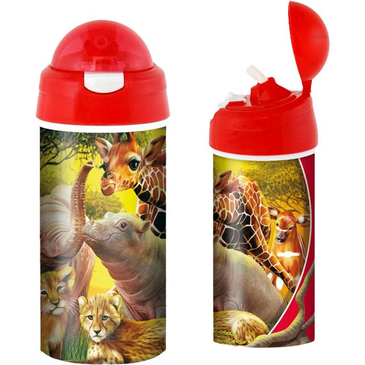 3D water bottles with animal-themed design on a white background
