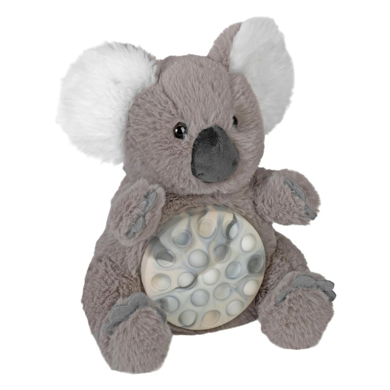 A plush koala toy in medium gray with white ears, a dark gray snout, and a round textured sensory ball on its belly, shown against a plain white background.